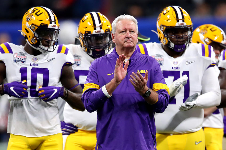 LSU OC Steve Ensminger prepares for the Peach Bowl after learning of tragedy. (Gregory Shamus/Getty Images)