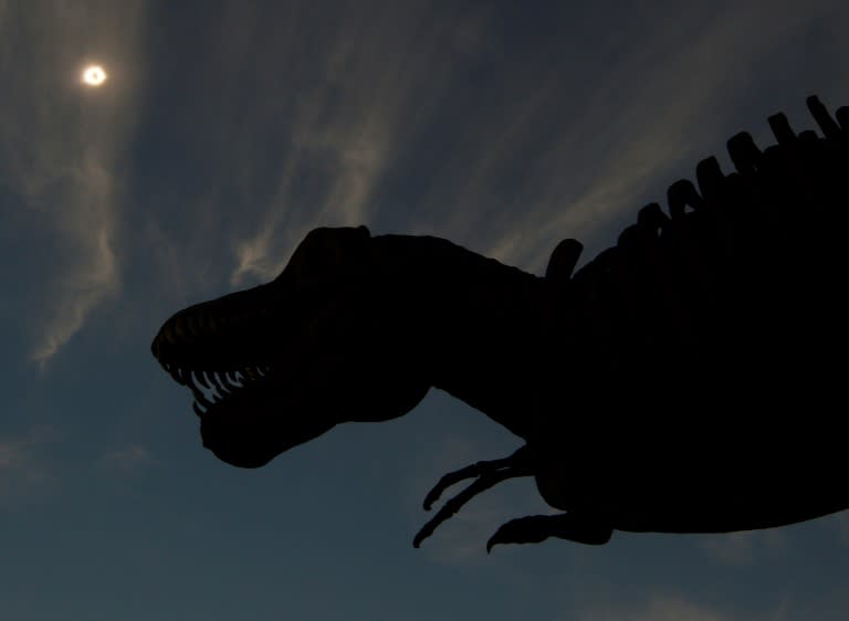 Totality, seen over a T-Rex statue at Casper, Wyoming