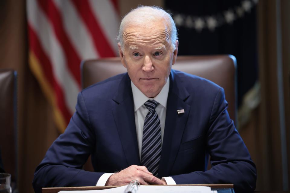 President Joe Biden delivers remarks while meeting with the Joint Chiefs and Combatant Commanders in the Cabinet Room of the White House May 15, 2024 in Washington, DC. Biden will host a dinner later this evening for the same group.