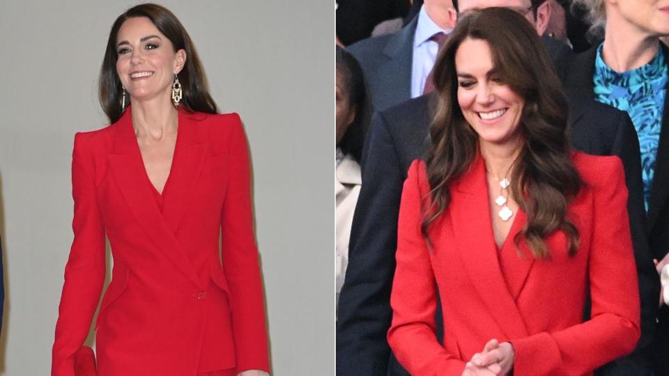 Princess Kate wears a red Alexander McQueen suit