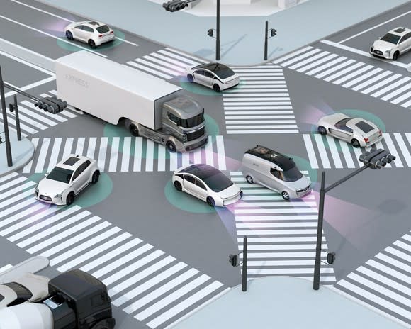 A rendering of autonomous vehicles navigating an intersection.