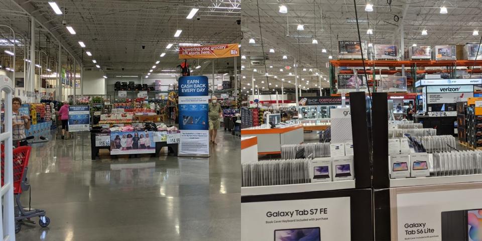 Warehouse with clothing display at BJ's and electronics section at Costco