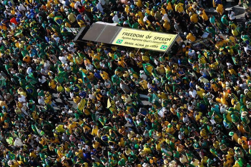 Supporters of Brazilian President Bolsonaro gather to back the far-right leader in his dispute with the Supreme Court, in Sao Paulo