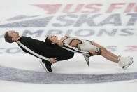 Madison Chock and Evan Bates compete in championship ice dance at the U.S. figure skating championships Saturday, Jan. 27, 2024, in Columbus, Ohio. (AP Photo/Sue Ogrocki)