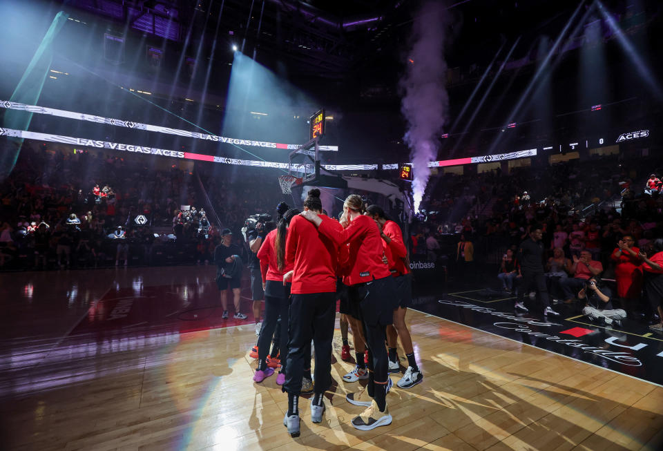 LAS VEGAS, NEVADA - SEPTEMBER 10: The Las Vegas Aces huddle on the court before a game against the Phoenix Mercury at T-Mobile Arena on September 10, 2023 in Las Vegas, Nevada. The Aces defeated the Mercury 100-85. NOTE TO USER: User expressly acknowledges and agrees that, by downloading and or using this photograph, User is consenting to the terms and conditions of the Getty Images License Agreement. (Photo by Ethan Miller/Getty Images)