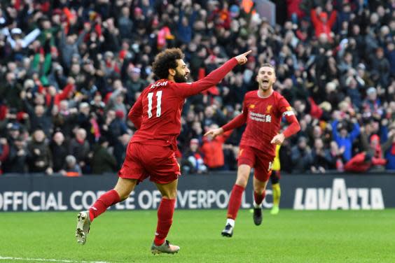 Mohamed Salah celebrates his first goal for Liverpool (AFP via Getty Images)