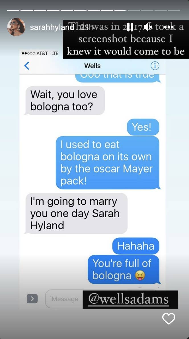 After realizing they both love bologna, Wells says "I'm going to marry you one day Sarah Hyland" to which she replies "You're full of bologna"