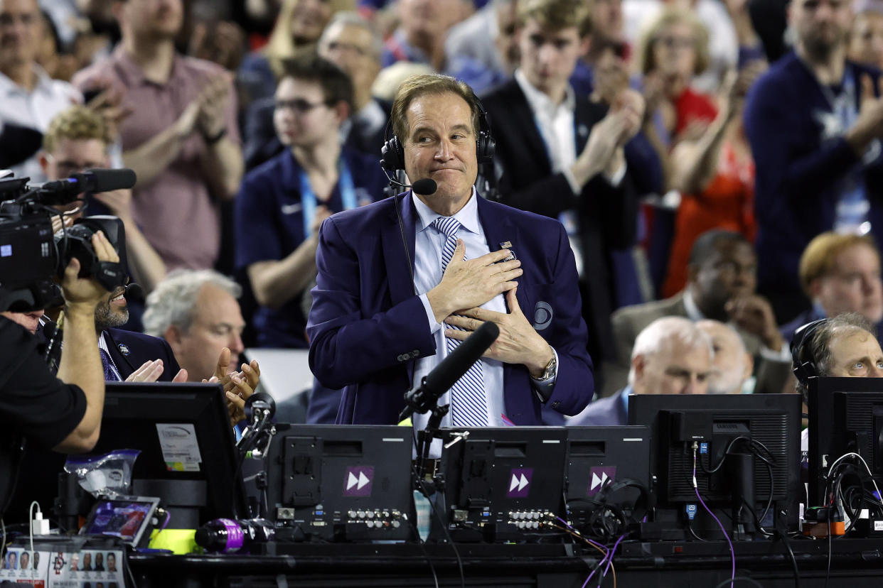 Jim Nantz will call his final college basketball game for CBS on Monday in the NCAA championship game between UConn and San Diego State, ending a legendary run in the sport. (Photo by Carmen Mandato/Getty Images)