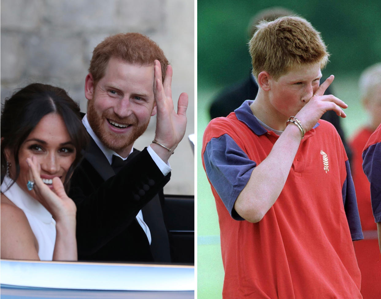 An seinem Hochzeitstag im Mai 2018 und bei einem Polospiel 2001: Prinz Harry trägt denselben Armreif. (Bilder: Steve Parsons/Pool/AP Photo, David Hartley/REX/Shutterstock)