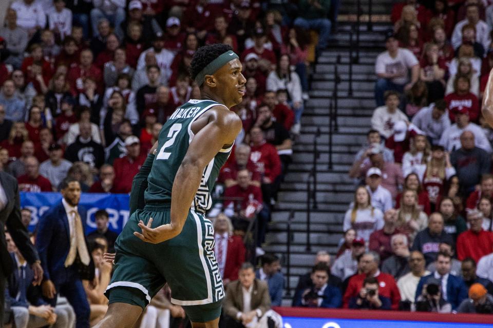 Michigan State guard Tyson Walker celebrates a made shot in the second half of MSU's 65-64 loss to Indiana on Sunday, March 10, 2024, in Bloomington, Indiana.