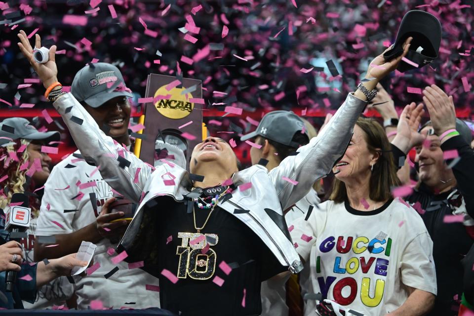 Apr 7, 2024; Cleveland, OH, USA; South Carolina Gamecocks head coach Dawn Staley reacts during the trophy presentation after defeating the Iowa Hawkeyes in the finals of the Final Four of the womens 2024 NCAA Tournament at Rocket Mortgage FieldHouse. Mandatory Credit: Ken Blaze-USA TODAY Sports