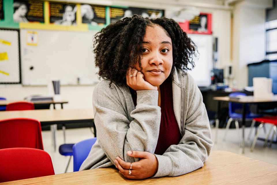 Amirah Riddick in Brooklyn Preparatory High School’s African American studies AP course (Marc J. Franklin / NBC News)