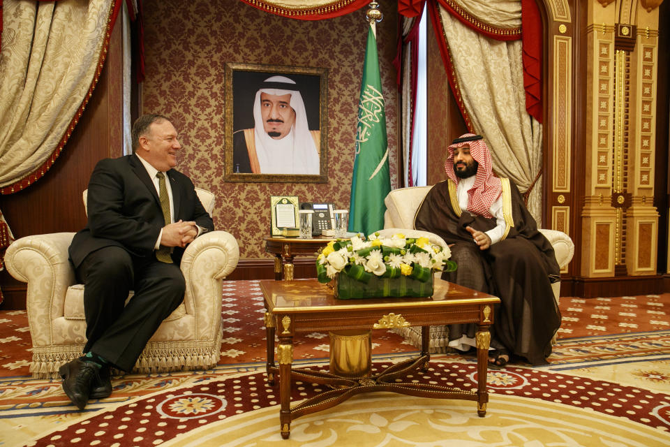 Secretary of State Mike Pompeo meets with Saudi Arabia's Crown Prince Mohammed bin Salman, right, at Al Salam Palace in Jeddah, Saudi Arabia, Monday, June 24, 2019. (AP Photo/Jacquelyn Martin, Pool)