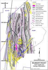 Malmsbury Project location and major targets in the north of the project area, with geology and historic workings.