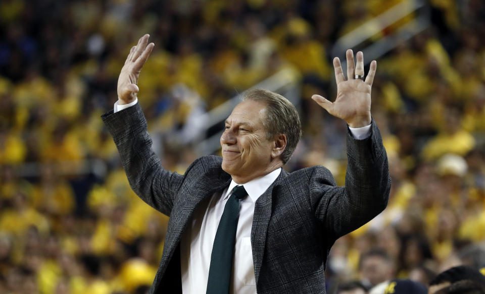 Michigan State head coach Tom Izzo reacts during the first half of an NCAA college basketball game against Michigan, Sunday, Feb. 24, 2019, in Ann Arbor, Mich. (AP Photo/Carlos Osorio)