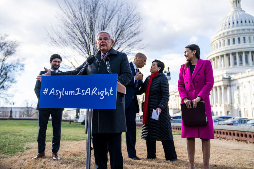 Sen. Bob Menendez speaks during a news conference outside the Capitol on Thursday, January 26, 2023. / Credit: Tom Williams/CQ-Roll Call, Inc via Getty Images