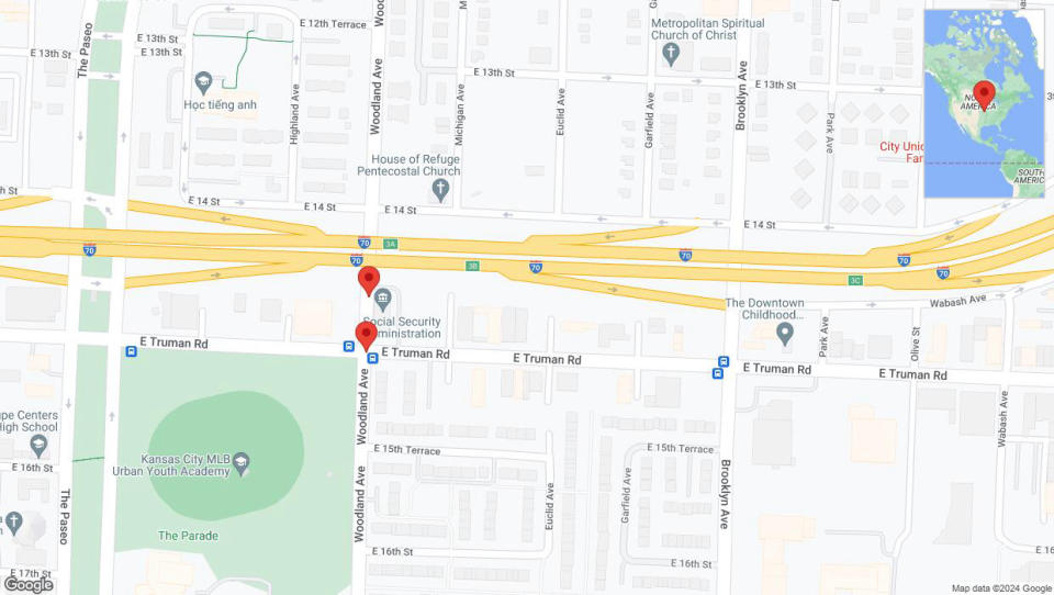 A detailed map that shows the affected road due to 'Kansas City: East Truman Road closed' on July 21st at 9:48 p.m.