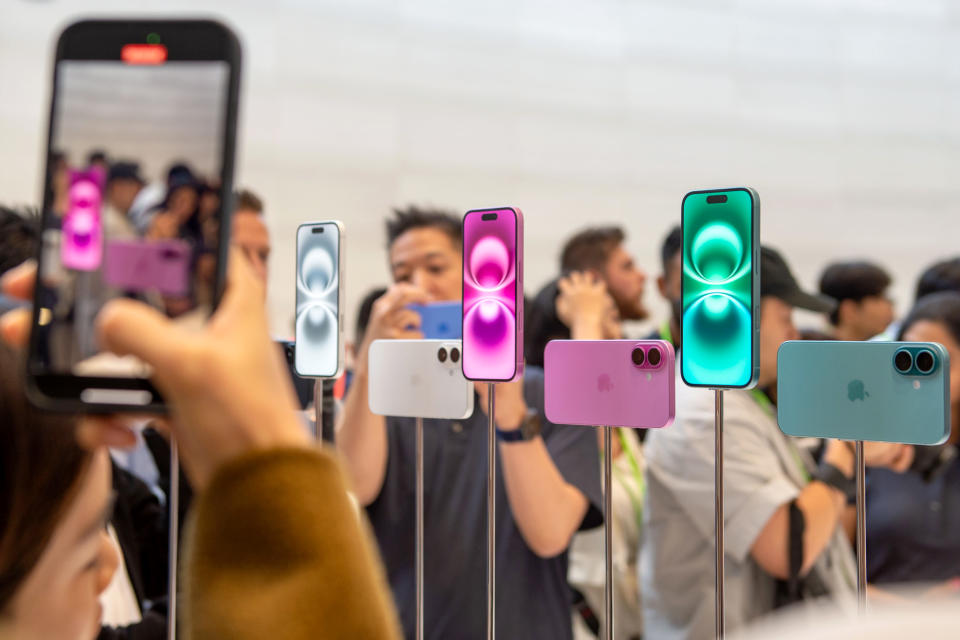 September 9, 2024, US, Cupertino: Devices of the new iPhone 16 model are displayed after the presentation at Apple headquarters. Photo: Andrej Sokolow/dpa (Photo by Andrej Sokolow/picture alliance via Getty Images)