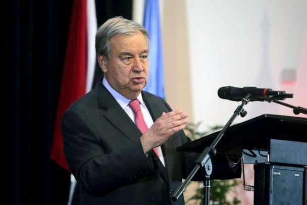 PHOTO: UN Secretary-General Antonio Guterres addresses the 43rd Heads of Government Meeting of the Caribbean Community (CARICOM), at Assuria High Rise in Paramaribo, Suriname, July 3, 2022. (Ranu Abhelakh/AFP via Getty Images)