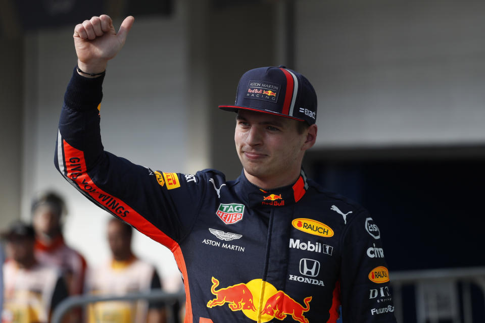 Red Bull driver Max Verstappen, of the Netherlands, gives a thumbs up after taking pole position during the qualifying session for the Formula One Brazil Grand Prix at the Interlagos race track in Sao Paulo, Brazil, Saturday, Nov. 16, 2019. (AP Photo/Nelson Antoine)