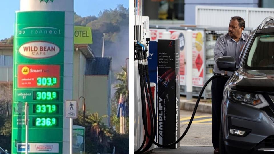 New Zealand petrol prices sign above $3 a litre and man filling up car.