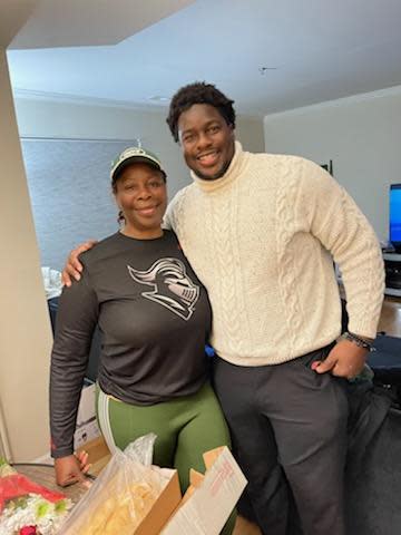 Jaguars defensive tackle Foley Fatukasi, recently acquired in free agency from the New York Jets, with his mother, Ifedola, at his house in New Jersey. [Provided by the Fatukasi family]