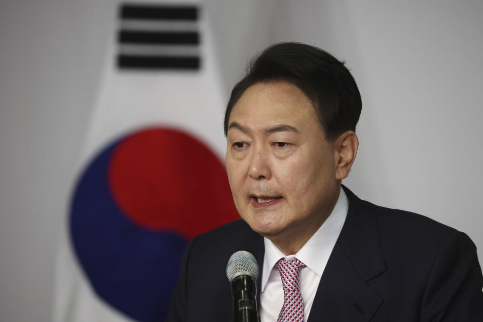 FILE - South Korea's president-elect Yoon Suk Yeol speaks during a news conference at the National Assembly in Seoul, South Korea on March 10, 2022. After winning a bitterly contested presidential election, South Korean conservative Yoon will enter office facing a quickly growing North Korean nuclear threat - and with few easy choices ahead to deal with it. (Kim Hong-ji/Pool Photo via AP, File)