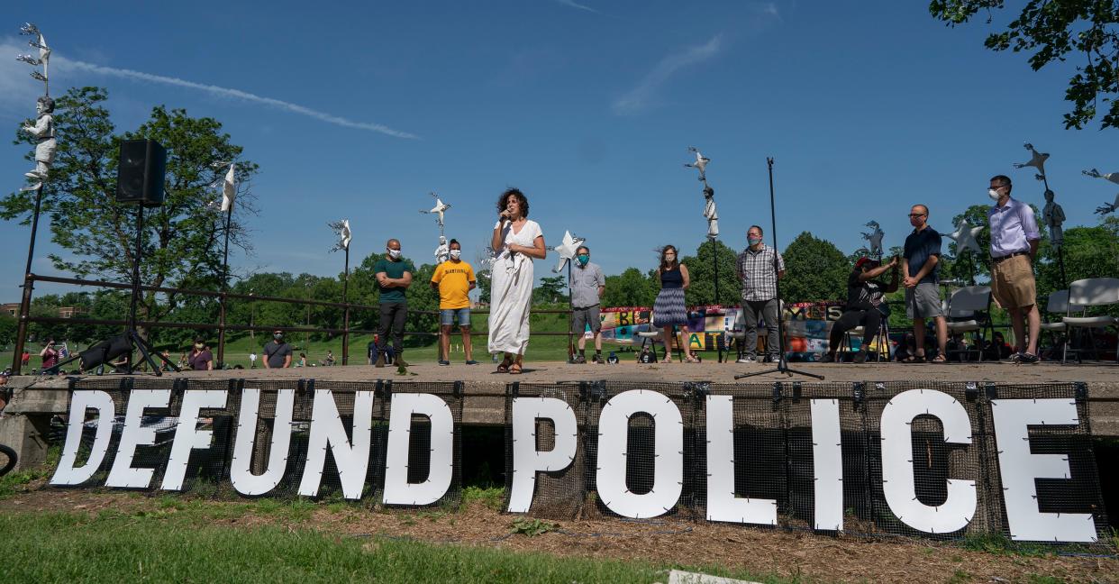 Alondra Cano, a City Council member, speaks during "The Path Forward" meeting at Powderhorn Park on Sunday, June 7, 2020, in Minneapolis. The focus of the meeting was the defunding of the Minneapolis Police Department. (Jerry Holt/Star Tribune via AP)