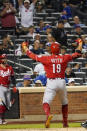 Cincinnati Reds' Joey Votto celebrates his solo home run in the sixth inning of the baseball game against the New York Mets, Friday, July 30, 2021, in New York. (AP Photo/Mary Altaffer)