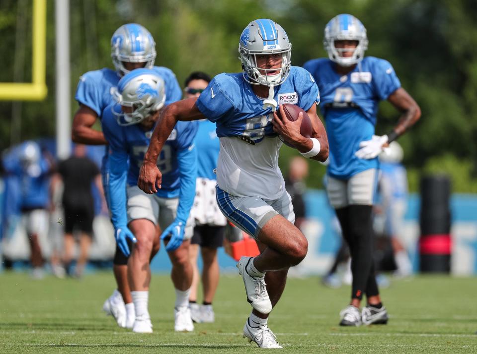 Detroit Lions wide receiver Dylan Drummond runs a drill during joint practice with New York Giants at Detroit Lions headquarters and training facility in Allen Park on Tuesday, August 8, 2023.