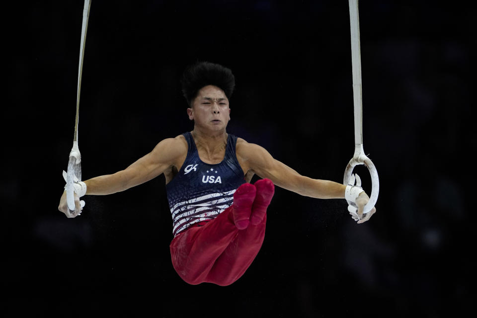 United States' Yul Moldauer competes on the rings during the Artistic Gymnastics World Championships in Antwerp, Belgium, Tuesday, Oct. 3, 2023. (AP Photo/Virginia Mayo)