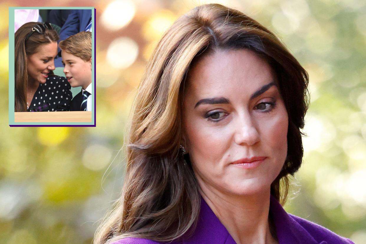  Kate Middleton main image looking glum and drop in of Kate Middleton and Prince George chatting at Wimbledon. 