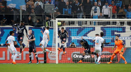 Soccer Football - Ligue 1 - Olympique de Marseille vs Bordeaux - Orange Velodrome, Marseille, France - February 18, 2018 Marseille's Florian Thauvin scores their first goal REUTERS/Jean-Paul Pelissier