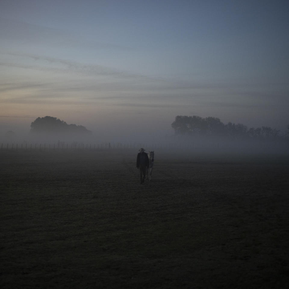 Manadier Jean-Claude Groul fetches his horse at dawn to start the day's work at the Manade Saint-Louis in the Camargue, southern France, Oct. 11, 2022. Groul has spent his life breeding Camargue bulls for local traditions and festivities. (AP Photo/Daniel Cole)