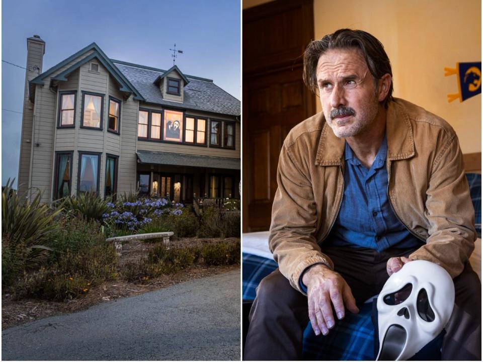 An exterior shot of the "Scream" house next to a close up of David Arquette.