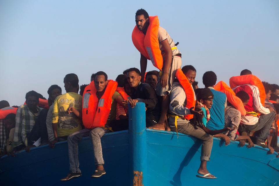 <p>Migrants from Eritrea are seen on an overcrowded wooden vessel during a rescue operation by the Spanish NGO Proactiva, off the Libyan coast in Mediterranean Sea August 29, 2016. (REUTERS/Giorgos Moutafis) </p>