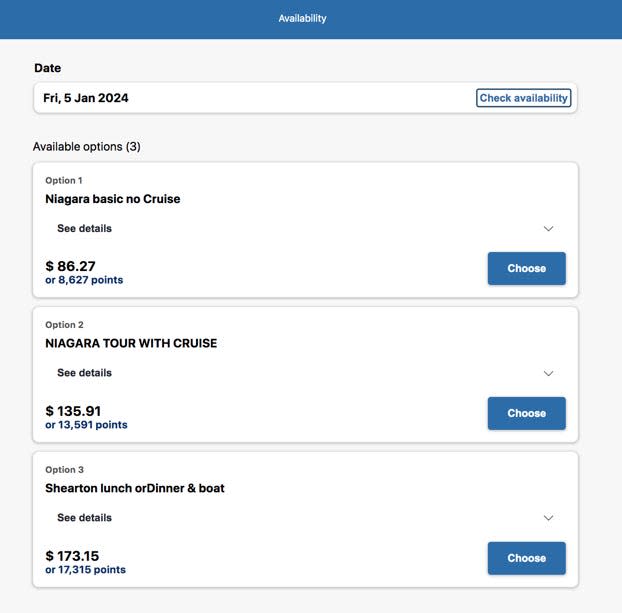 Screenshot of activity options on Citi Travel.