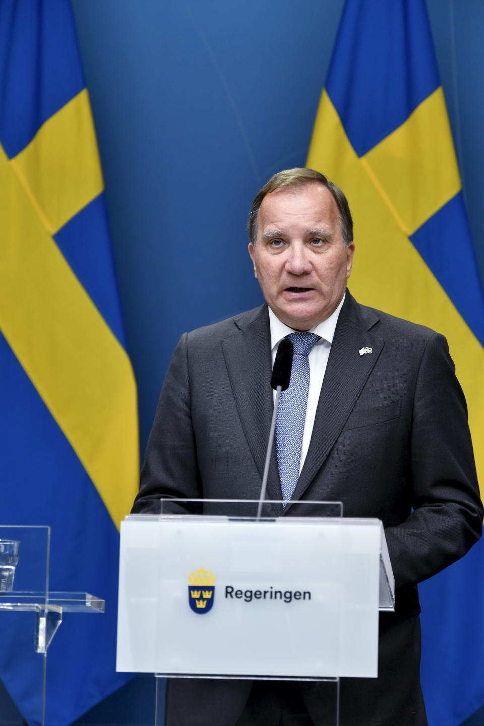 Sweden's Prime Minister Stefan Lofven during a media conference after the no-confidence voting in the Swedish Parliment, Stockholm, Monday June 21, 2021. Stefan Lofven, Sweden’s Social Democratic prime minister since 2014, lost a confidence vote in parliament Monday. (Anders Wiklund / TT via AP)