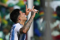 Argentina's Enzo Fernandez celebrates scoring his side first against Bolivia during a qualifying soccer match for the FIFA World Cup 2026 at the Hernando Siles stadium in La Paz, Bolivia, Tuesday, Sept. 12, 2023. (AP Photo/Juan Karita)