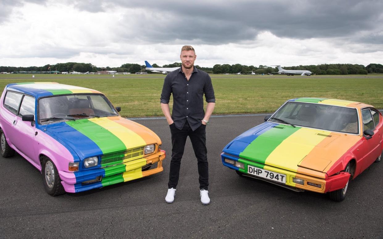 Andrew Flintoff with the spray-painted cars - Jeff Spicer