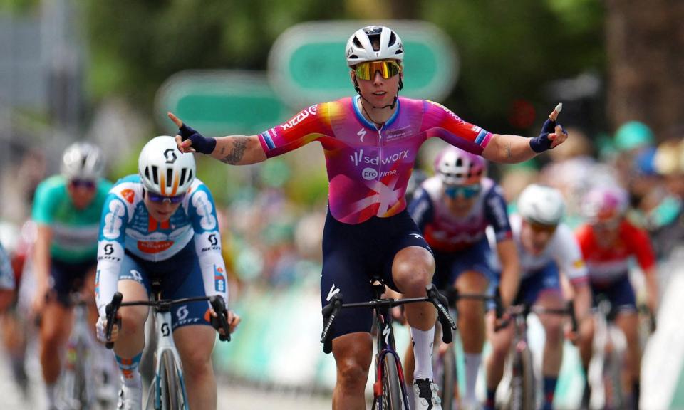 <span>SD-Worx-Protime's Lorena Wiebes celebrates after crossing the finish line to win stage three of the Tour of Britain Women.</span><span>Photograph: Molly Darlington/Reuters</span>