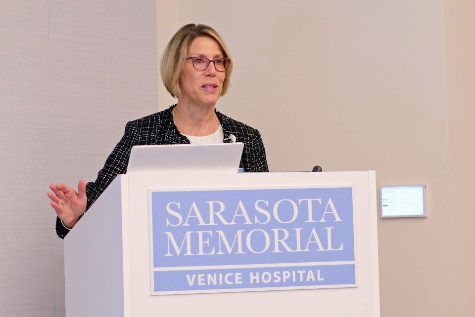 Sharon Roush, president of the Sarasota Memorial Hospital Venice campus gave members of the South County Tiger Bay Club an update on how the hospital has fared since it opened in November, 2021, as well as expansion plans. The rare lunch program was arranged by newly elected Sarasota County Public Hospital Board Member Brad Baker, who is first vice chair of the nine-member board.