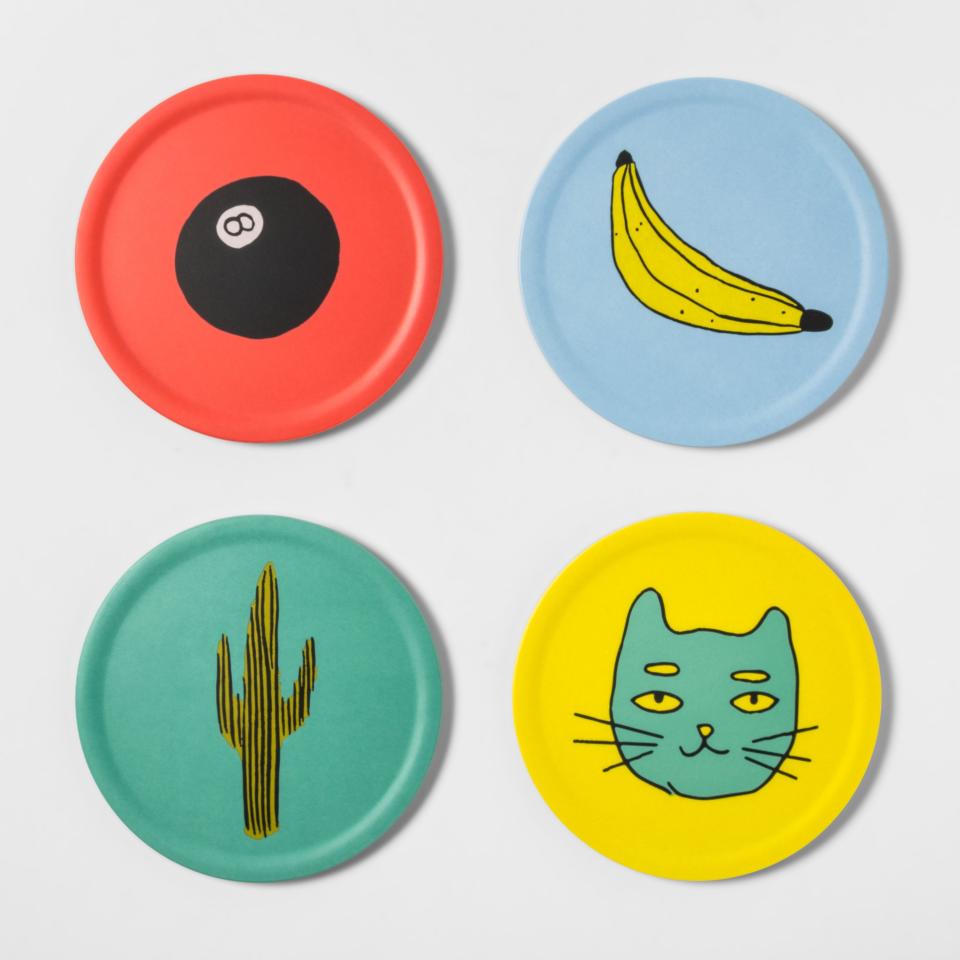 The fun way to say no to water rings. <a rel="nofollow noopener" href="https://www.target.com/p/round-plastic-4pc-coaster-set-colored-objects-pattern-room-essentials-153/-/A-53129574" target="_blank" data-ylk="slk:SHOP NOW;elm:context_link;itc:0;sec:content-canvas" class="link ">SHOP NOW</a>: Room Essentials Round Plastic 4-Piece Coaster Set, $5