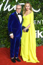 <p>bring vibrant color to the carpet in a blue velvet tuxedo and a highlighter yellow gown. </p>