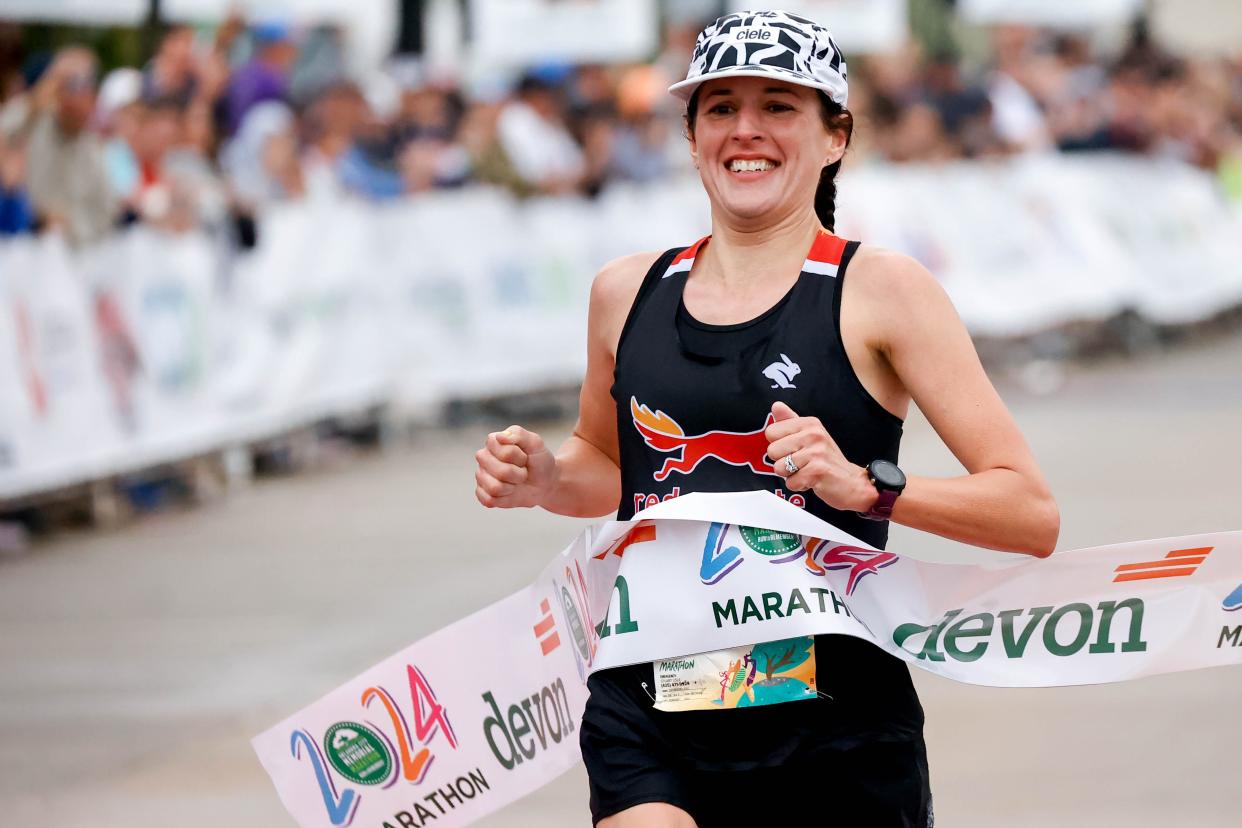 Catherine Lisle finishes the women’s full marathon with a time of 2:51:03 during the Memorial Marathon in Oklahoma City, on Sunday, April 28, 2024.