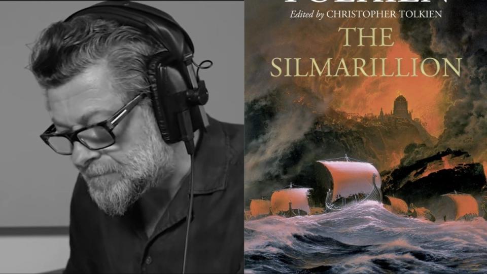 A side by side image of Andy Serkis narrating The Lord of the Rings audiobook and of the cover of The Silmarillion by J.R.R. Tolkien