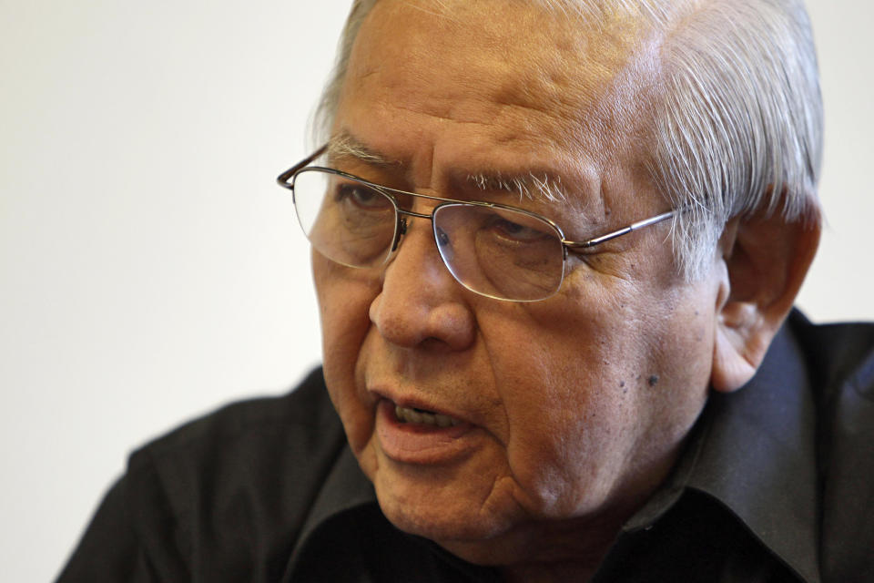 FILE - Former Navajo Chairman Peterson Zah speaks from his office on Nov. 15, 2010 at Arizona State University in Tempe, Ariz. Zah, a monumental Navajo Nation leader who guided the tribe through a politically tumultuous era and worked tirelessly to correct wrongdoings against Native Americans, has died. He died late Tuesday, March 7, 2023, at a hospital in Fort Defiance , Arizona, after a lengthy illness, Navajo President Buu Nygren's office said. He was 85. (AP Photo/Matt York, File)