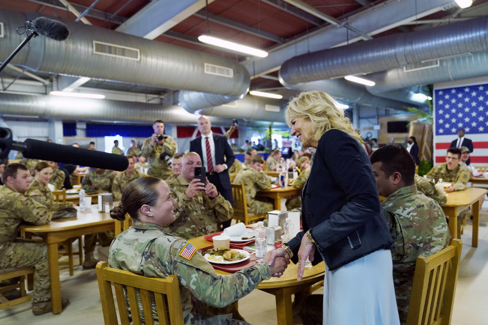 First lady Jill Biden meets U.S. troops during a visit to the Mihail Kogalniceanu Air Base in Romania, Friday, May 6, 2022. (AP Photo/Susan Walsh, Pool)