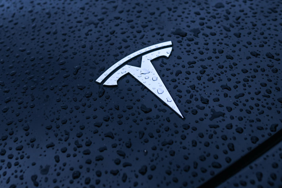 DUBLIN, IRELAND - MAY 16: Tesla logo seen on Tesla vehicle parked in Dublin, on May 16, 2024, in Dublin, Ireland. (Photo by Artur Widak/NurPhoto via Getty Images)