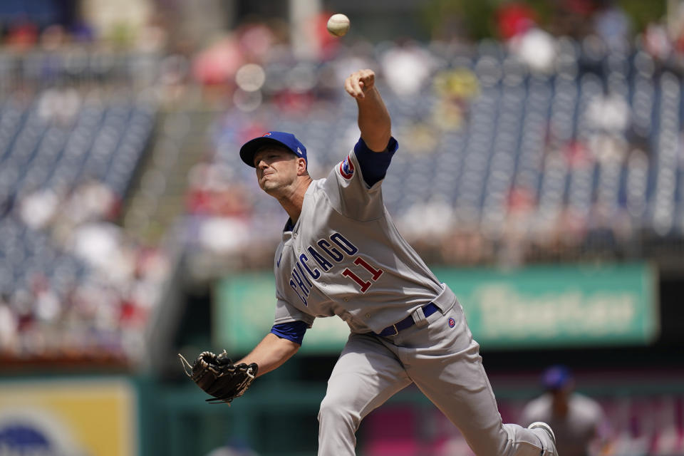 Chicago Cubs starting pitcher Drew Smyly (11) pitches during the first inning of a baseball game against the Washington Nationals at Nationals Park Wednesday, Aug. 17, 2022, in Washington. (AP Photo/Andrew Harnik)